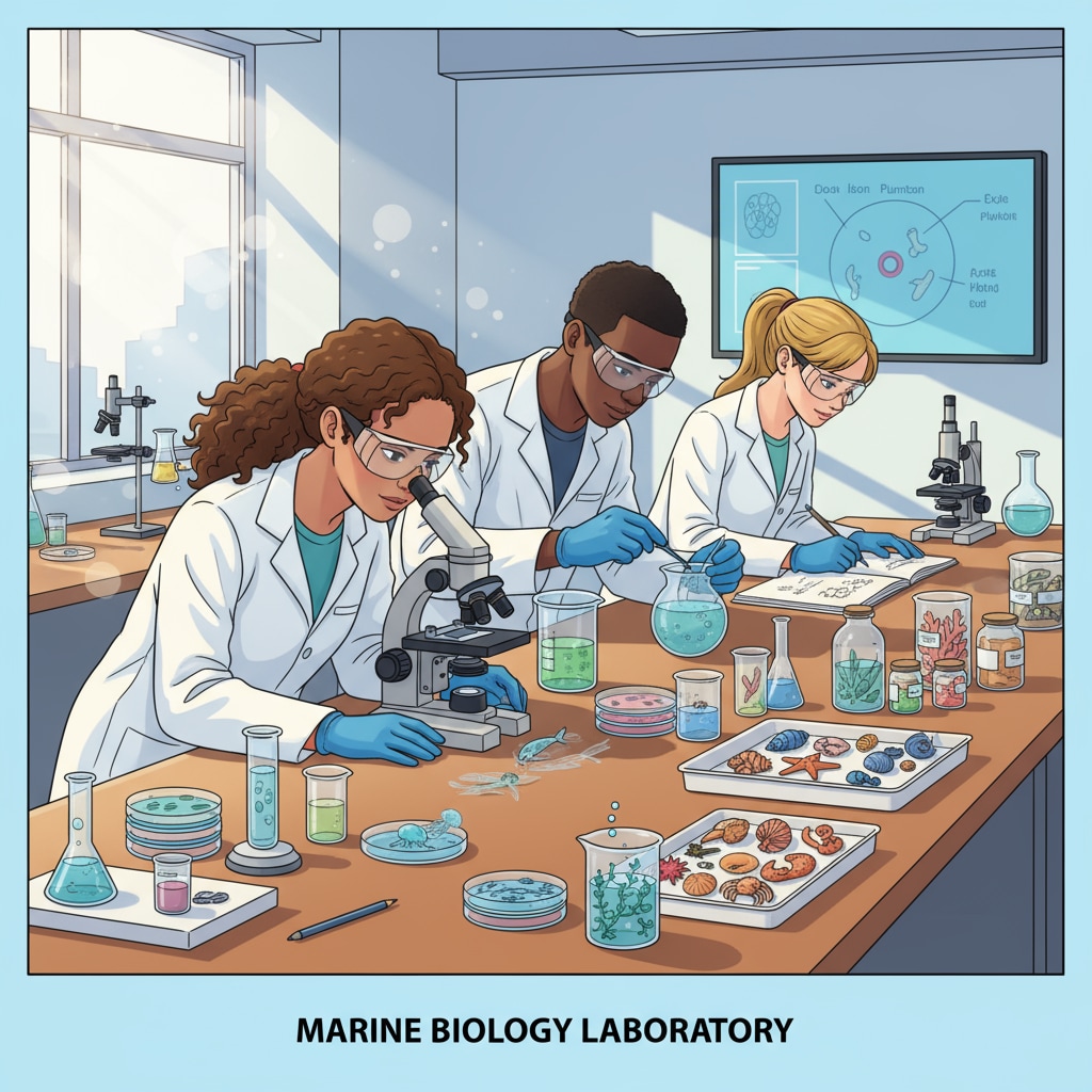 Students studying marine biology specimens in a laboratory, related to science degrees and basic knowledge