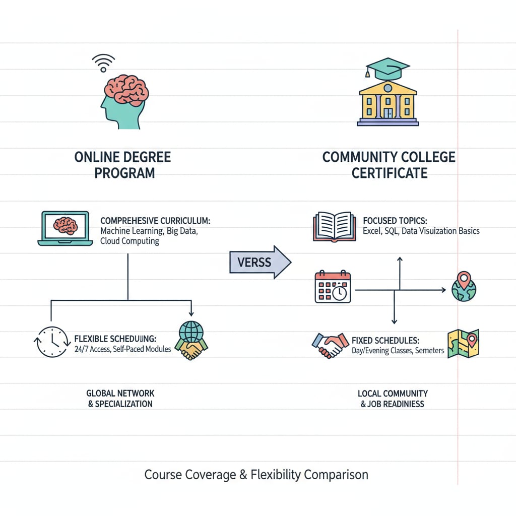 Comparison of online degree and community college certificate in data analysis related to education costs, career choices