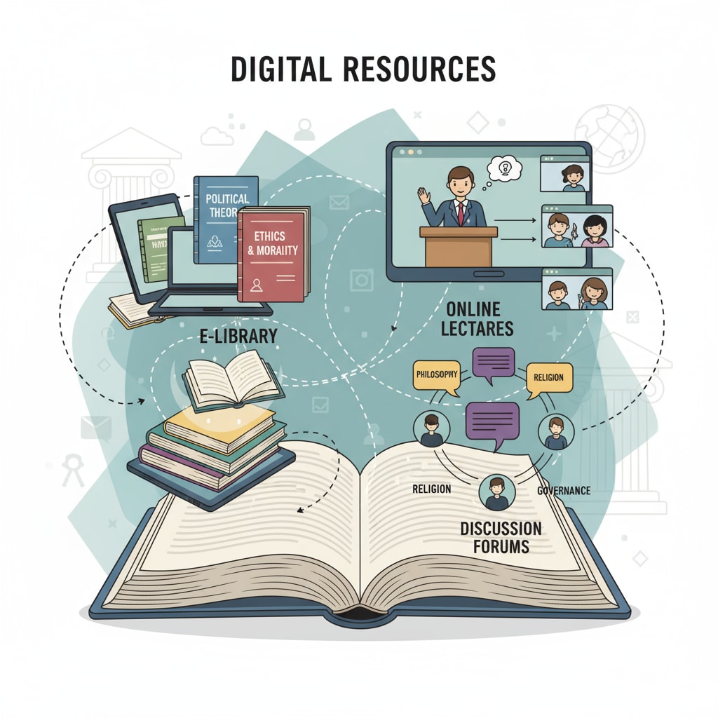 Illustration of students accessing diverse online learning resources in political science, philosophy, and religious studies