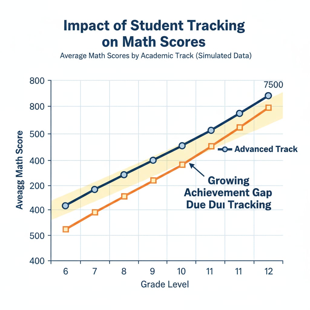 Graph showing the impact of student tracking on math scores in relation to teacher shortages and educational inequality