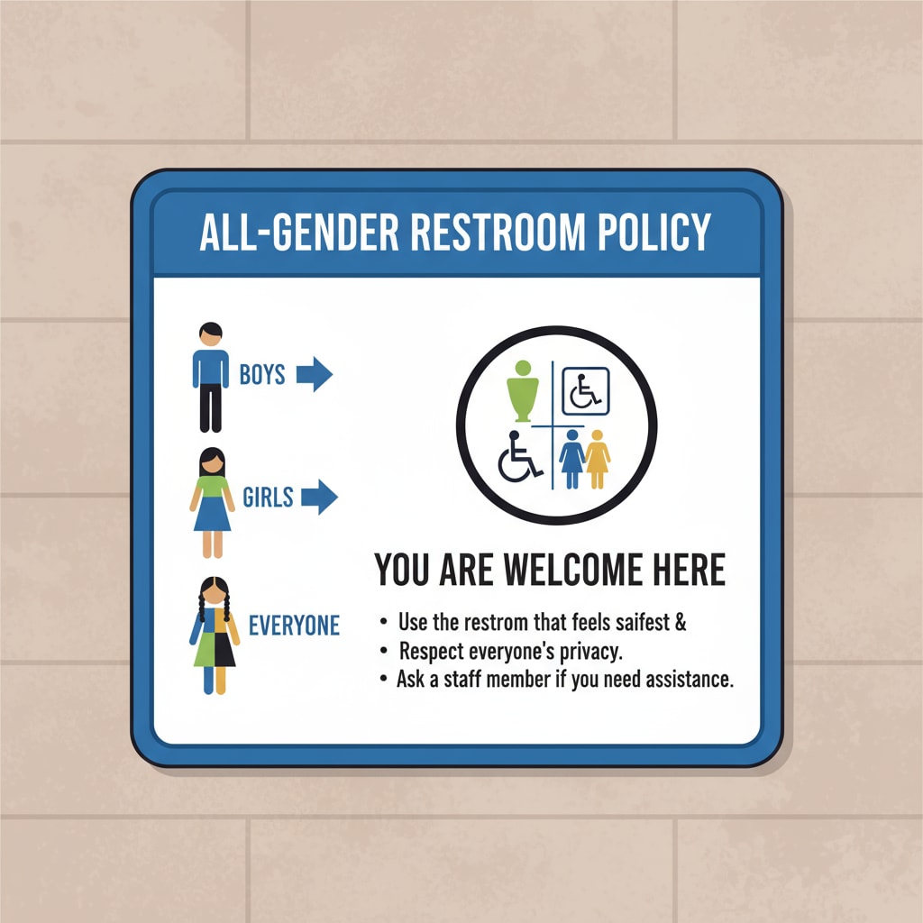A sign of a gender-inclusive bathroom in the context of Fairfax County schools' bathroom gender policies review by the Department of Education