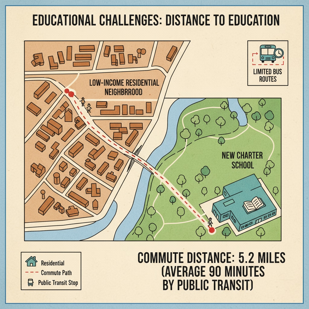 Map showing the distance between a low-income area and a charter school related to school districts, public elementary schools, charter schools, resource redistribution