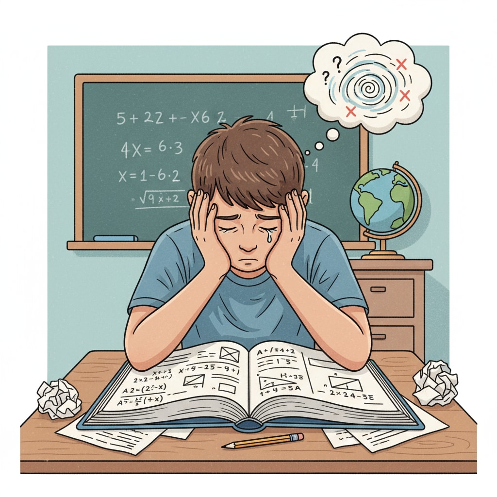 A sad student struggling with math due to learning difficulties
