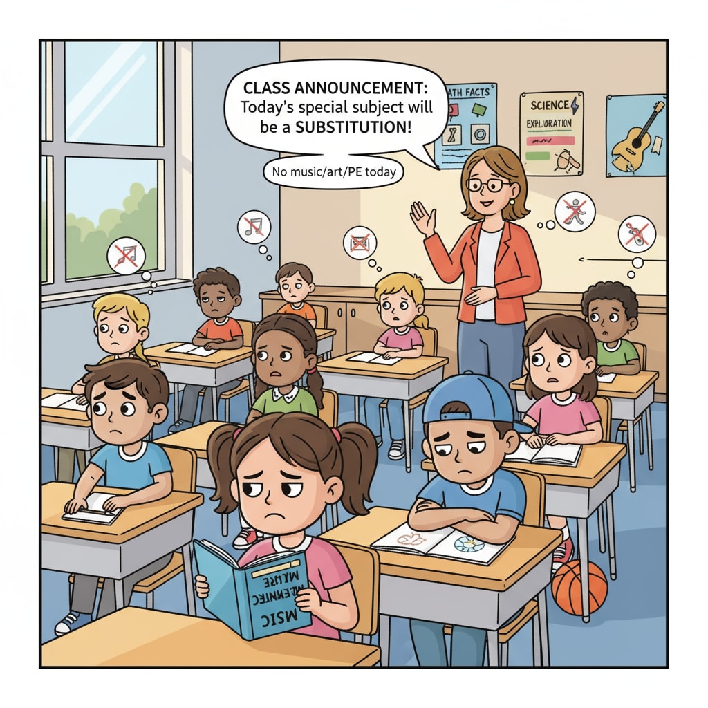 Students waiting for special subject class being informed of substitution related to special subject teachers, curriculum substitutions, and educational resource allocation