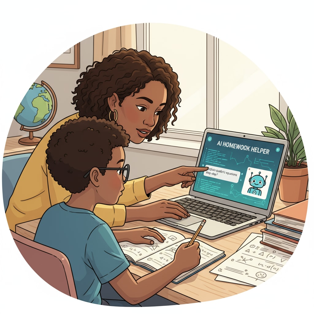 A parent and child using AI to assist with homework, highlighting AI cheating, parental involvement, writing anxiety, and student writing abilities