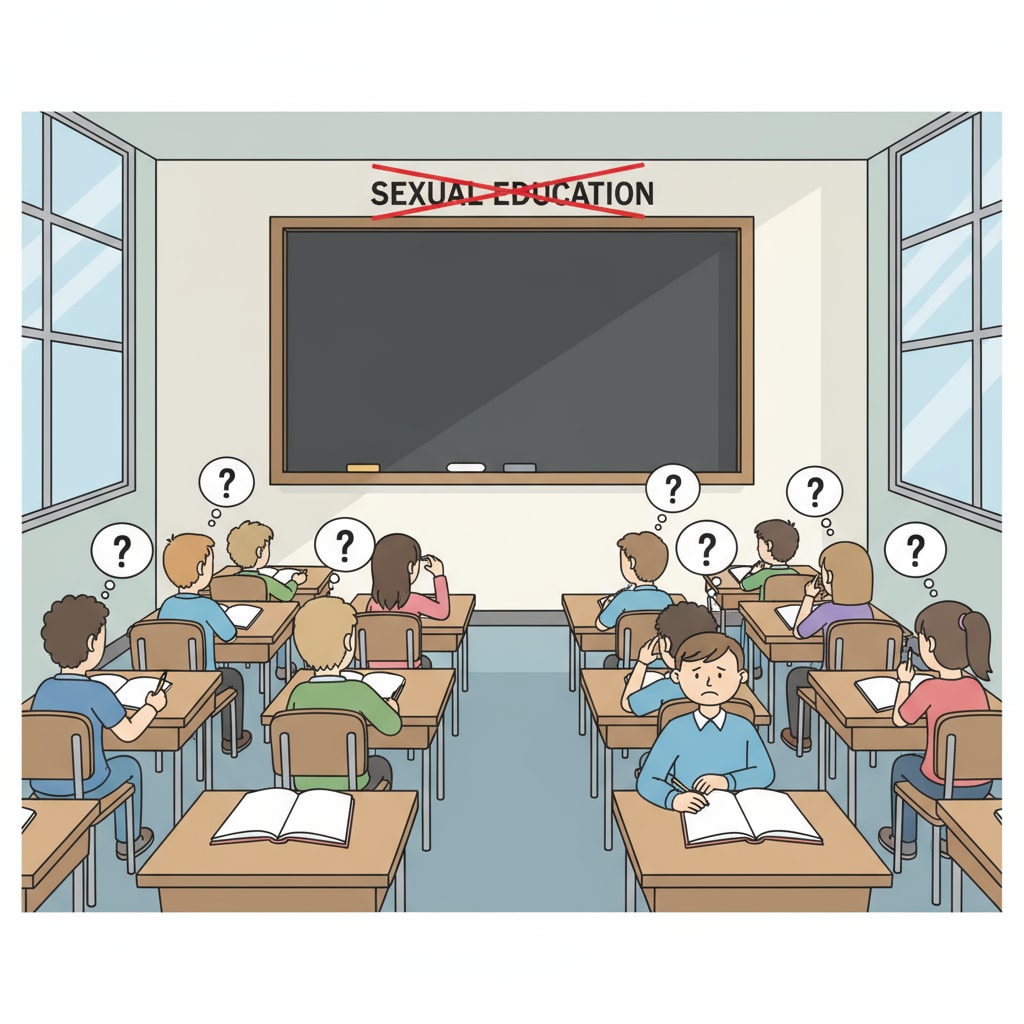 A classroom with confused students and an empty chalkboard showing the absence of sexual education for adolescent health