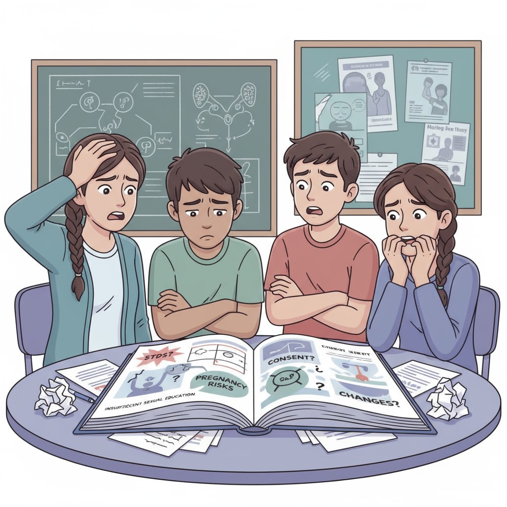 Teenagers worriedly discussing health issues due to the lack of sexual education and its impact on adolescent health