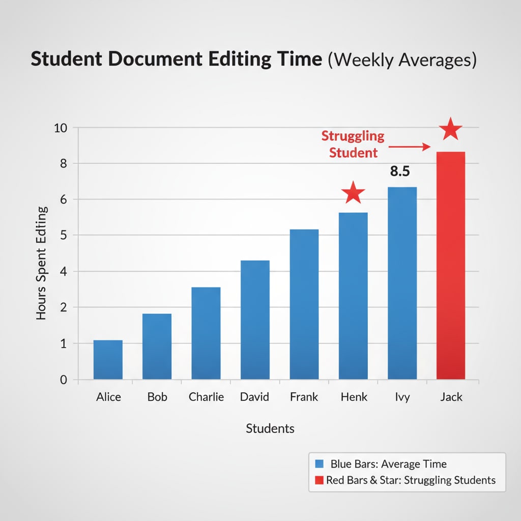 Graph showing time spent on document editing for different students in relation to academic integrity and student support