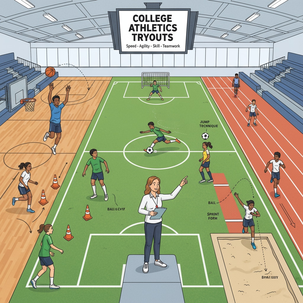Student-athletes at a college sports tryout related to college admissions and academic requirements