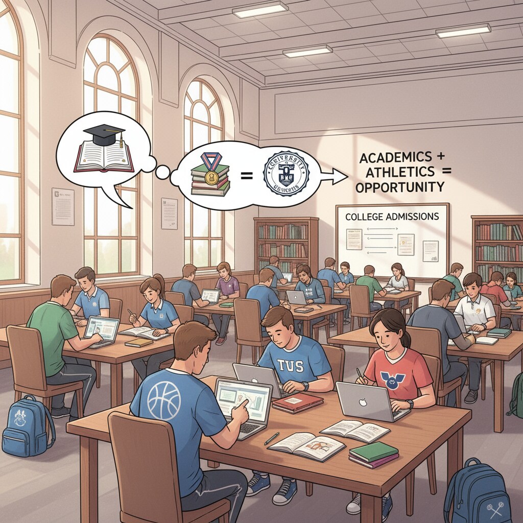 Student-athletes studying in a college library in relation to college admissions and academic requirements