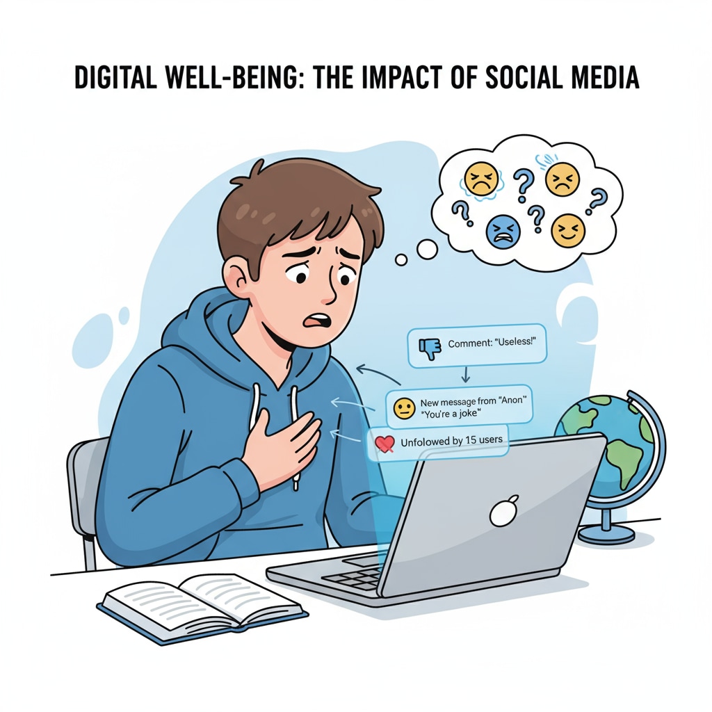 A student facing social media risks, representing real-life challenges and emphasizing school's role in student preparedness and life skills education