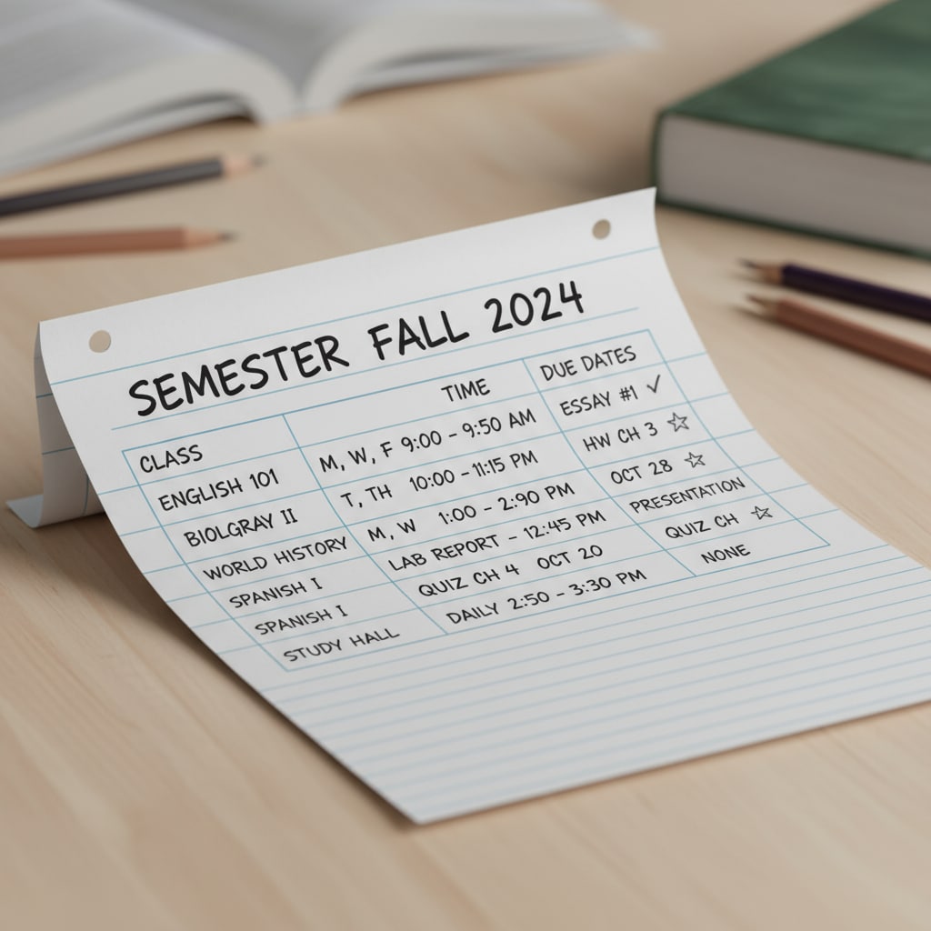 A student's schedule for multiple subjects in a semester system