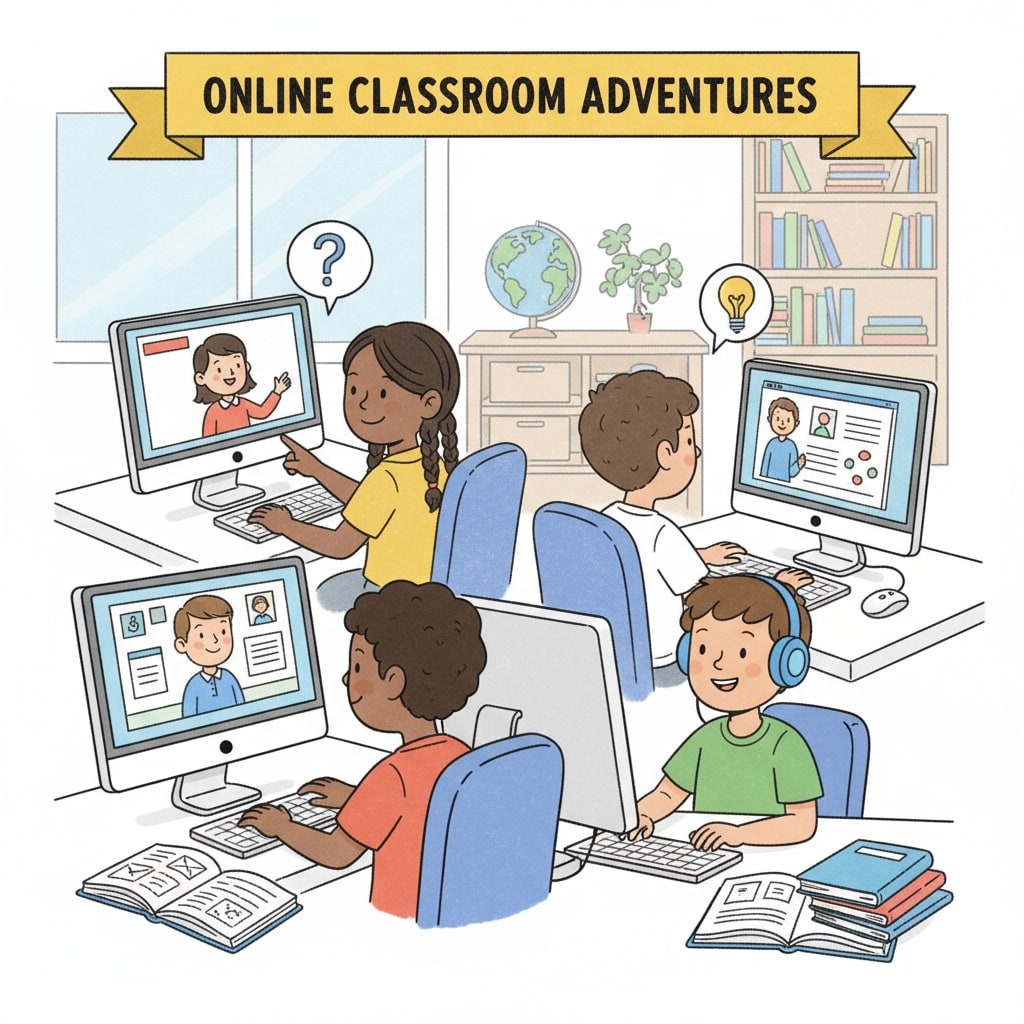 Online K12 class with students showing engagement in virtual learning, related to online degrees, self-discipline, and FOMO