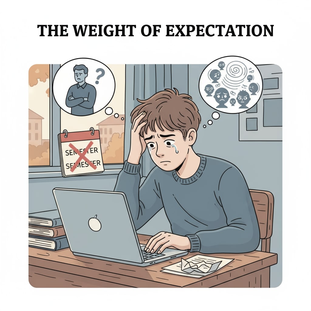 A worried student facing mental health, taking a semester off, and social pressure issues
