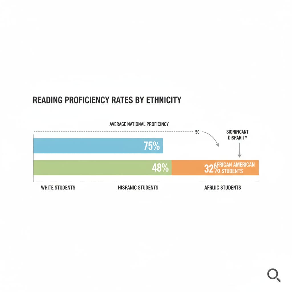 Graph showing reading proficiency rate differences among different racial groups related to reading ability, racial bias, and media coverage