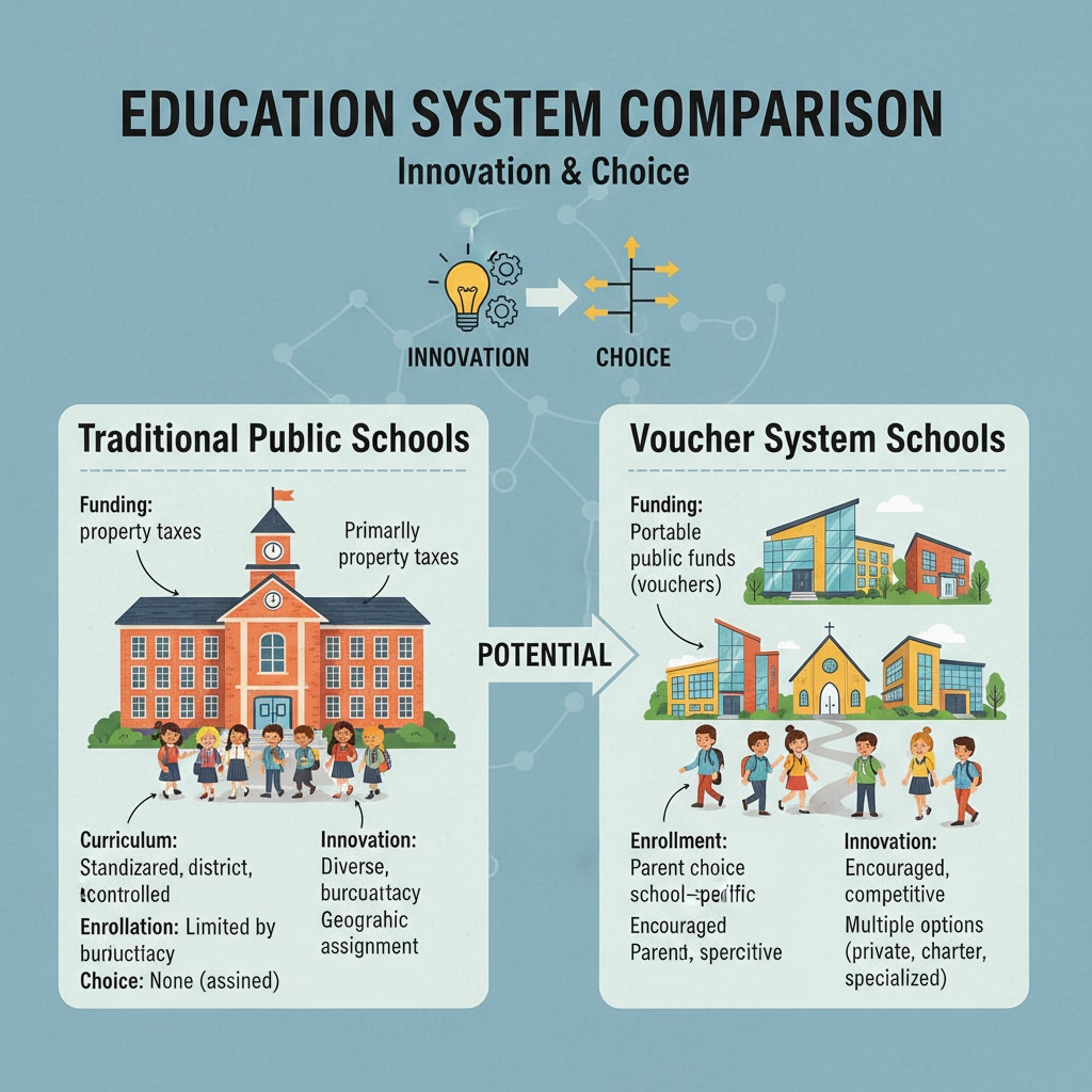 Comparison of traditional public schools and voucher system schools related to education system, voucher system, and school choice.