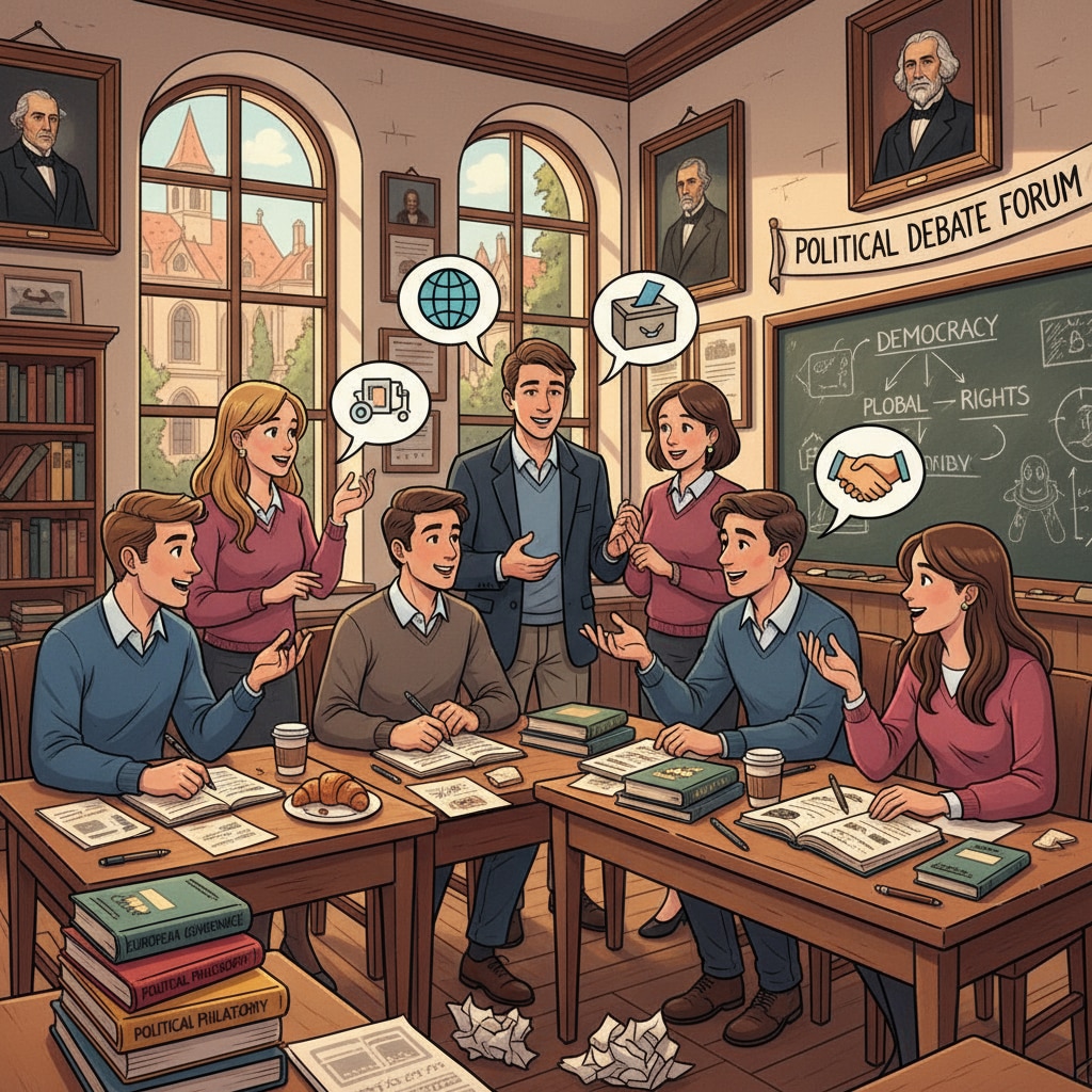 Students discussing political science in a European university classroom