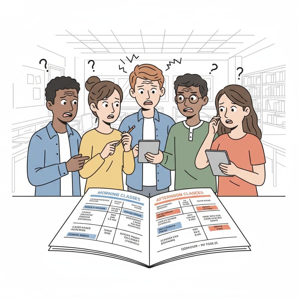 Students pondering university class scheduling between morning and afternoon sessions