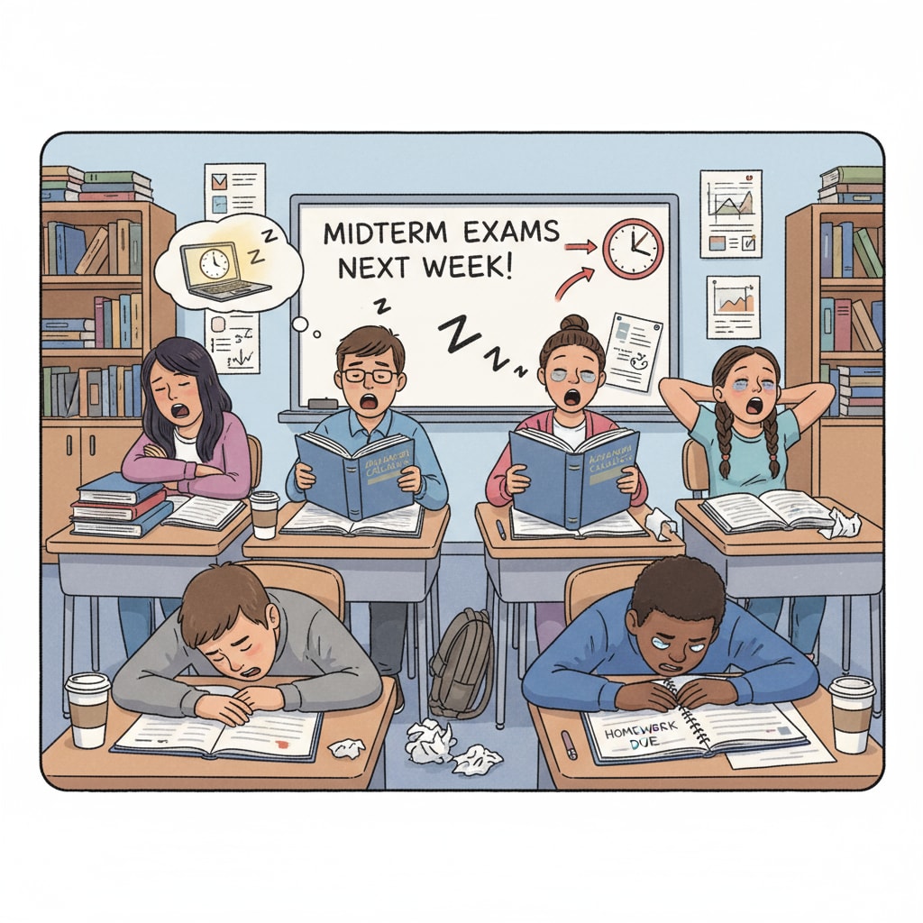 Tired K12 students in a classroom suffering from sleep deprivation and school pressure