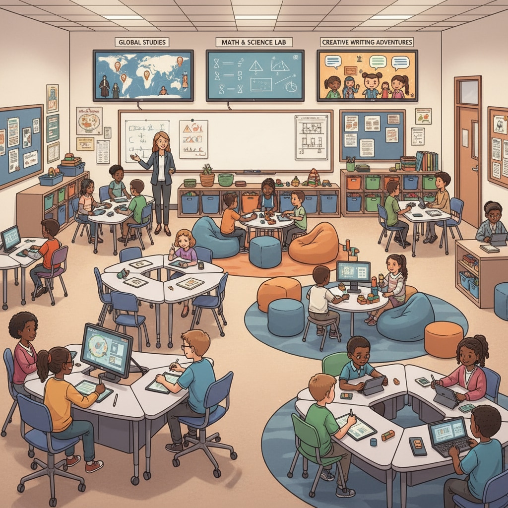 A modern K-12 classroom demonstrating architectural design for contemporary teenager interests.