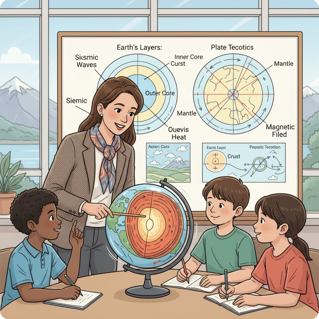 A teacher using teaching aids to explain geophysics in a K12 classroom for geophysics professionals' career transition.