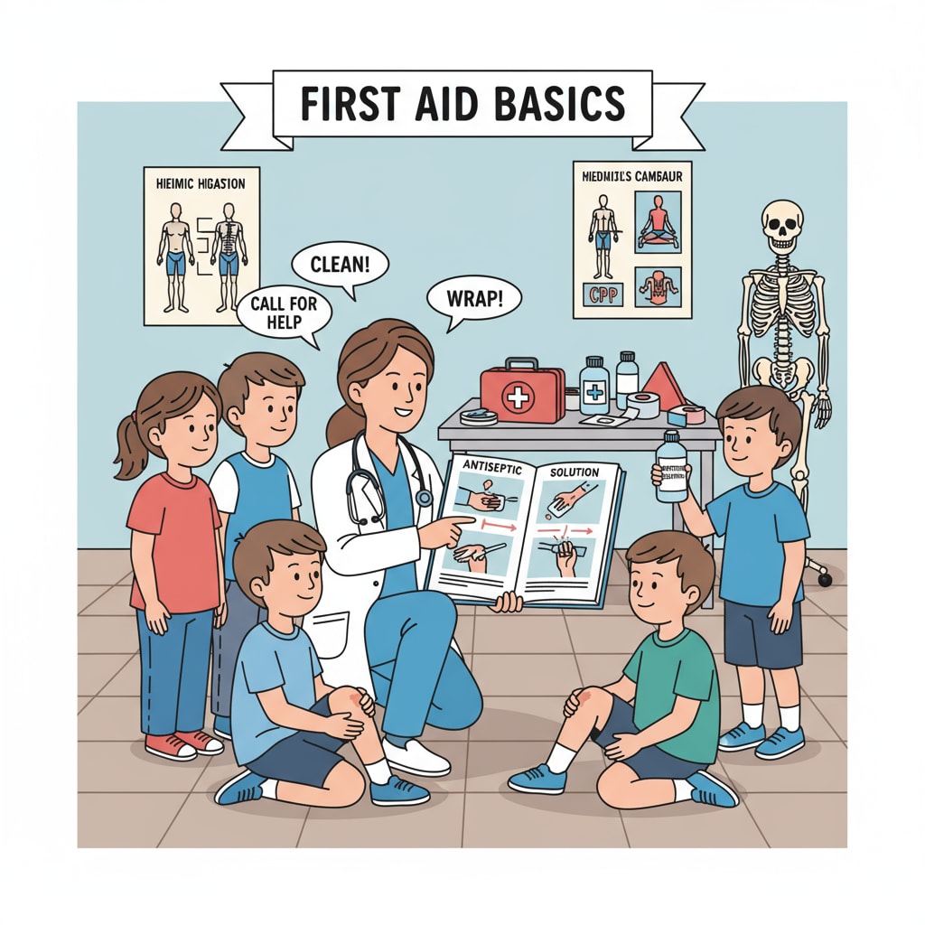 A nurse teaching first aid in a school, emphasizing the role of nursing professionals in K12 education and career transition with versatile master's degrees.