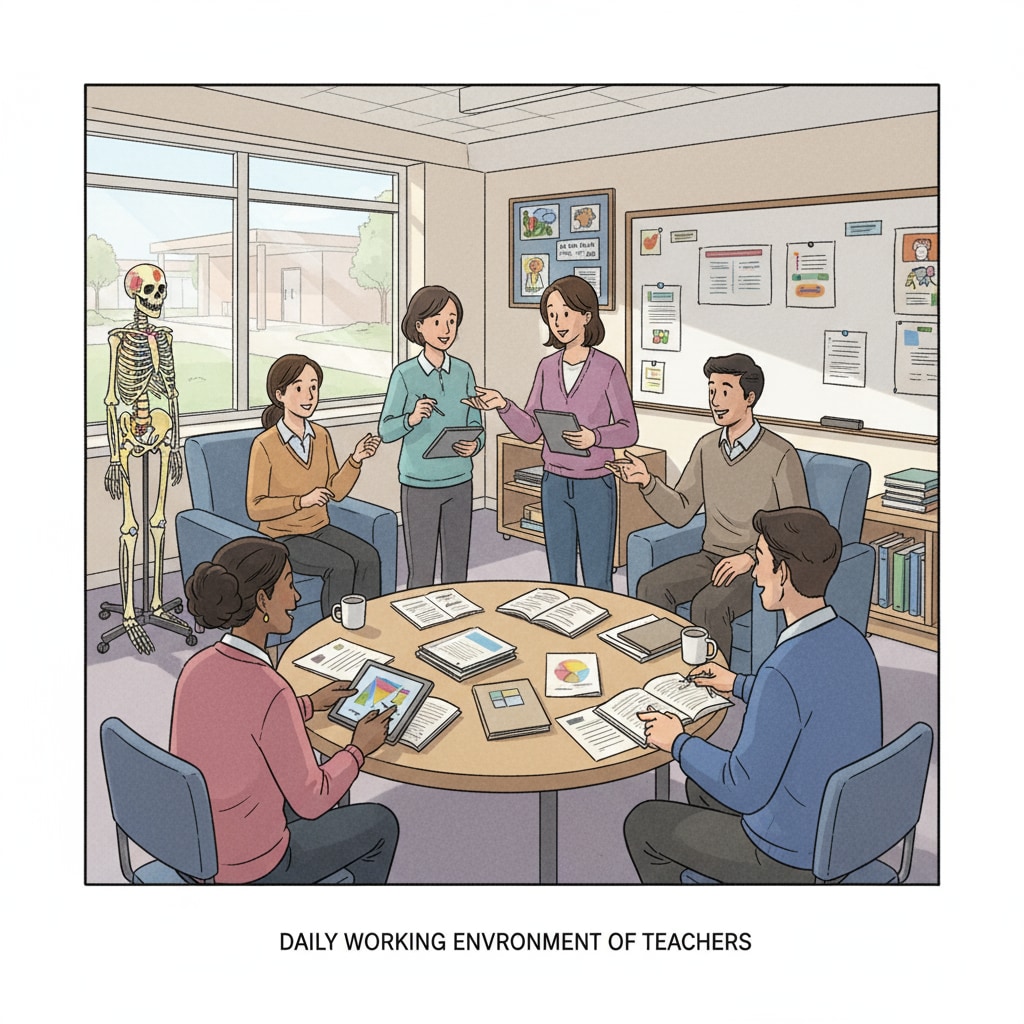 Teachers discussing work conditions in a staff room during the questionnaire pilot for public school teachers