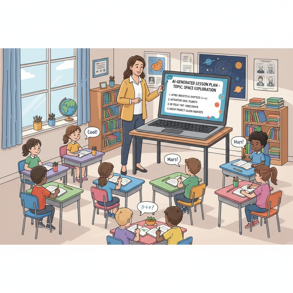 A classroom scene with a teacher, students, and an AI-generated lesson plan on a laptop