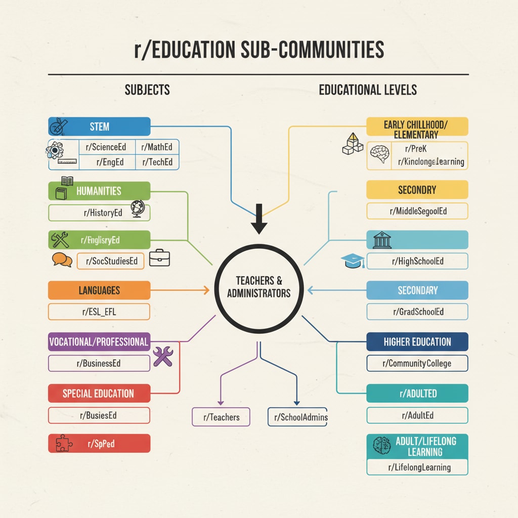 Graphic depicting sub-communities in r/Education by subject and educational level