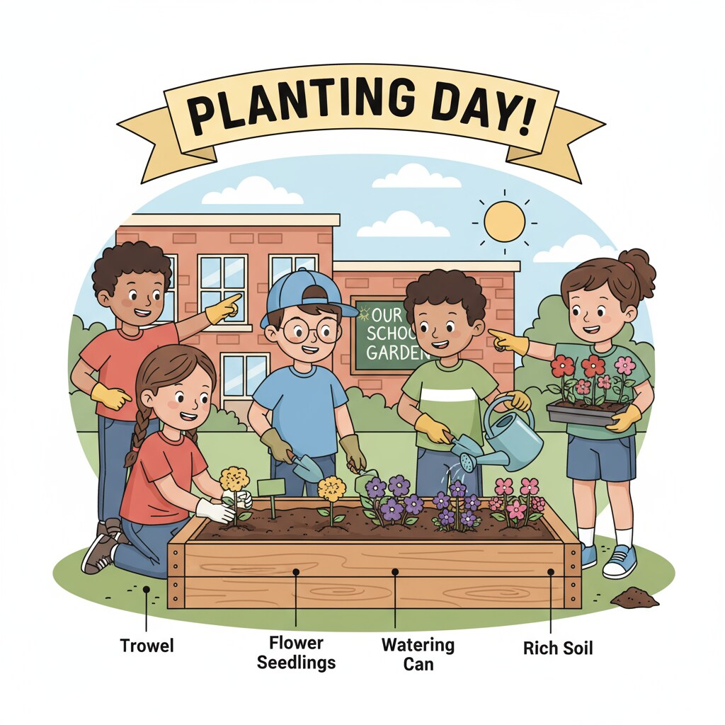 Students engaged in practical learning through gardening in a school garden for interdisciplinary education.