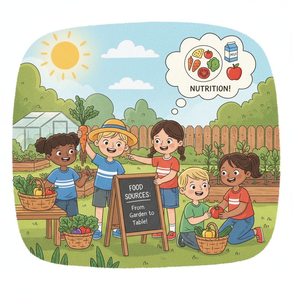 Students participating in hands-on learning about food and health in a school garden for interdisciplinary education.