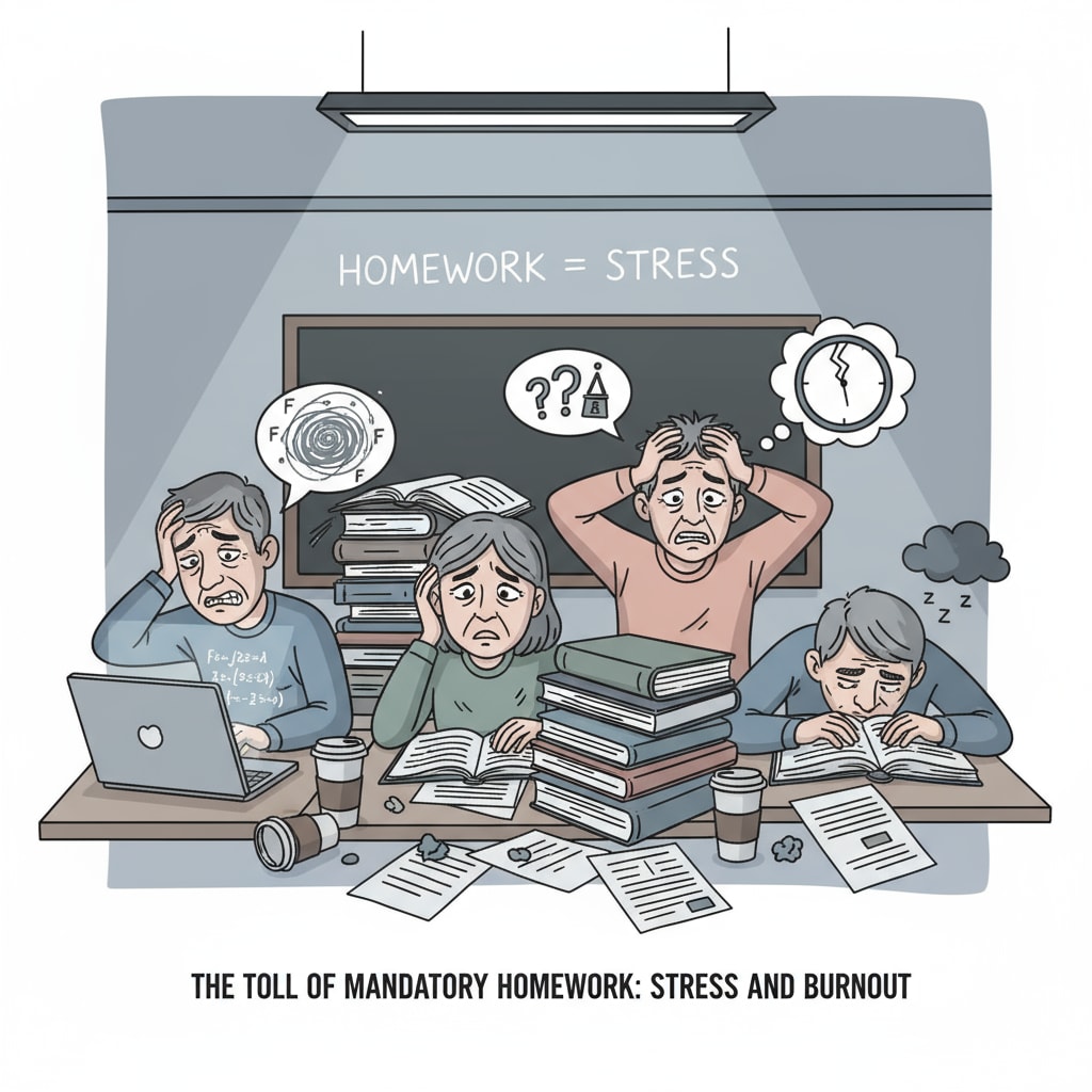 Older students under stress due to mandatory homework, highlighting the need for autonomy in homework choices