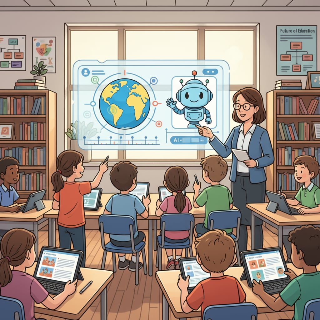 Students using AI educational tool in K12 education related to artificial intelligence, higher education, and job automation