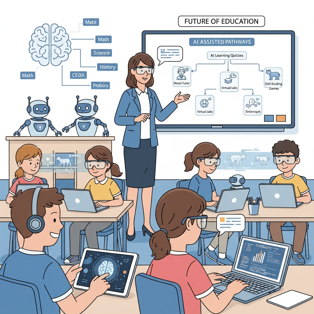 A classroom with students and teachers using AI education tools, learning aids, and teaching technologies.