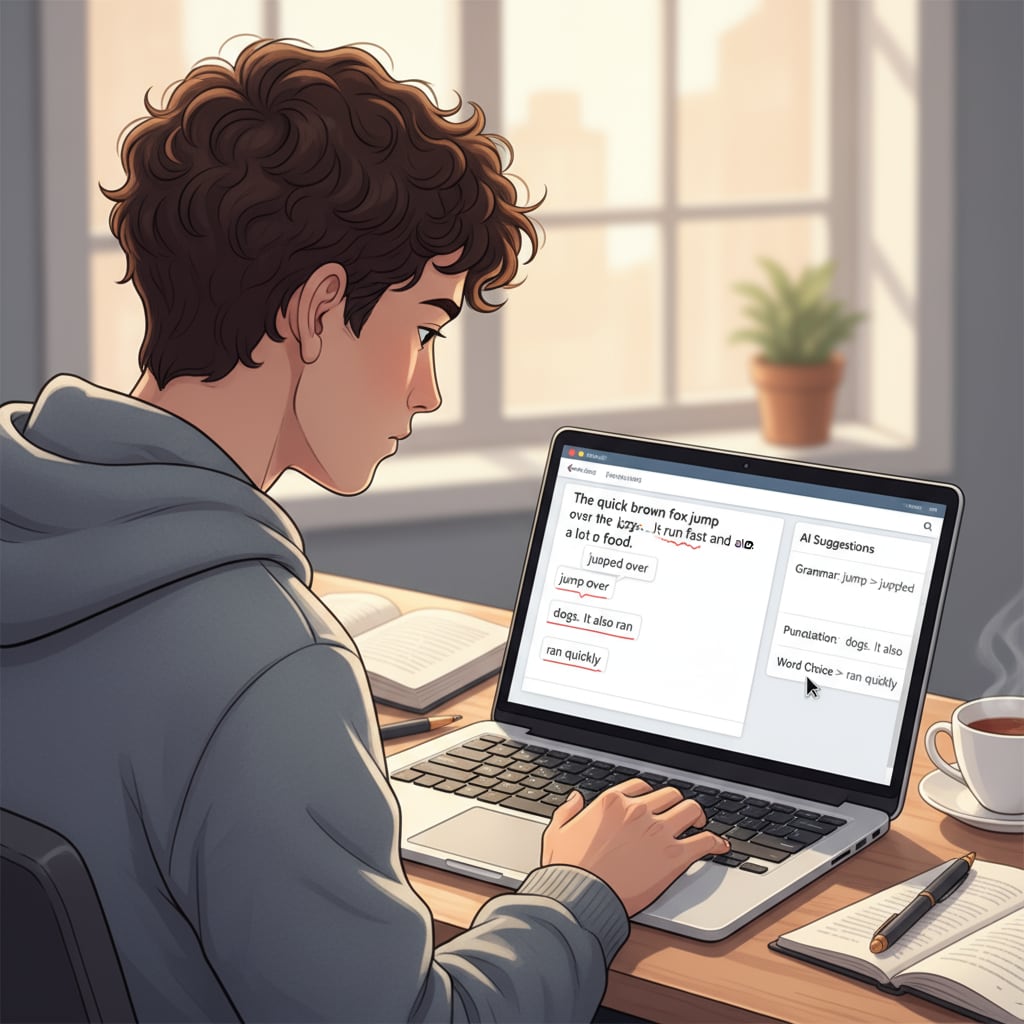 A student using an AI writing assistant as part of education AI tools, learning aids, and teaching technologies.