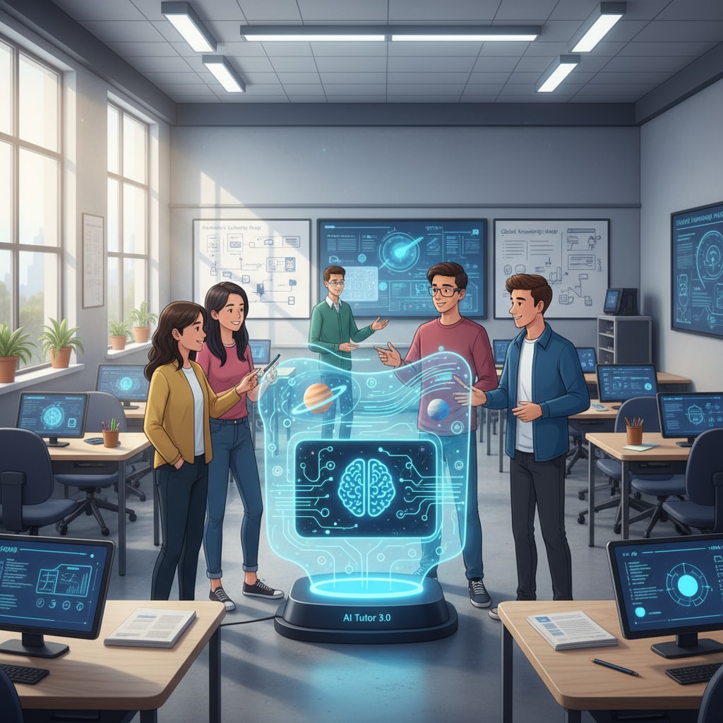 Students interacting with AI teaching device in modern classroom, highlighting artificial intelligence in education, algorithmic teaching, and educational transformation