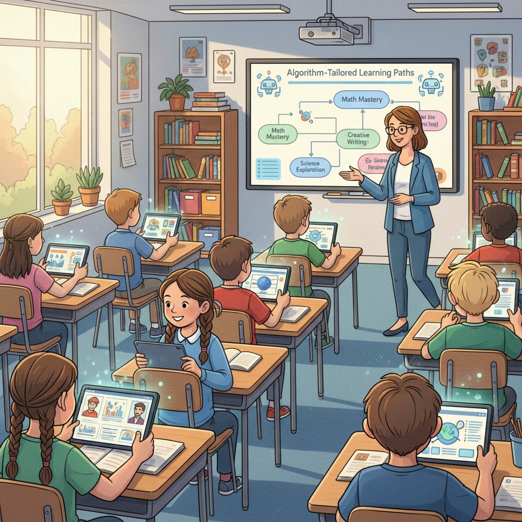 K12 students using tablets for AI-assisted learning, related to artificial intelligence in education, algorithmic teaching, and educational transformation