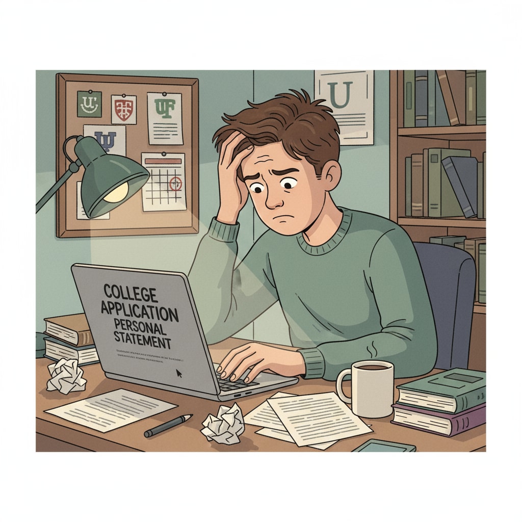 A worried student working on a college application personal statement amidst the concern of AI detection.