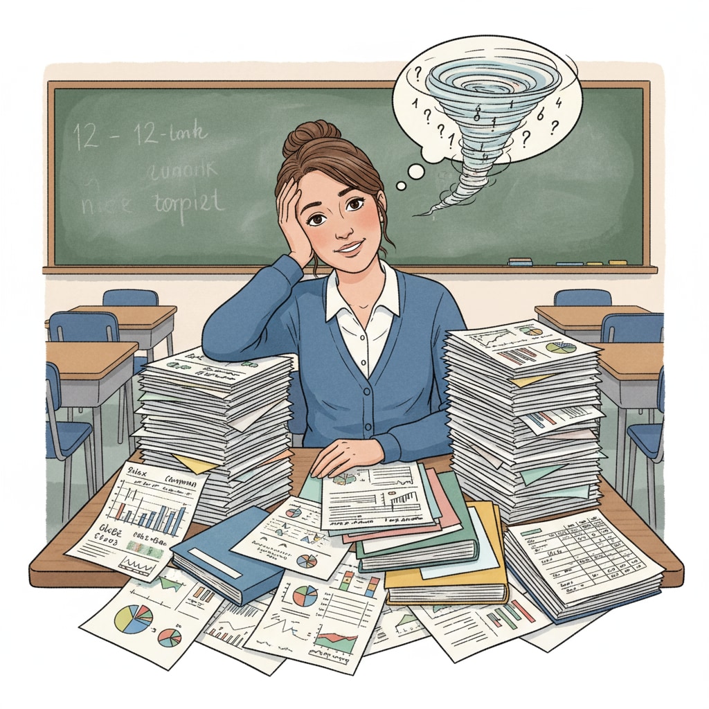 A stressed teacher dealing with excessive data recording in a K12 education setting