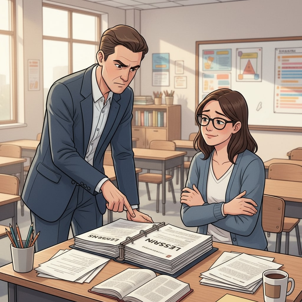 An administrator micromanaging a teacher by closely looking at lesson plans in K12 education