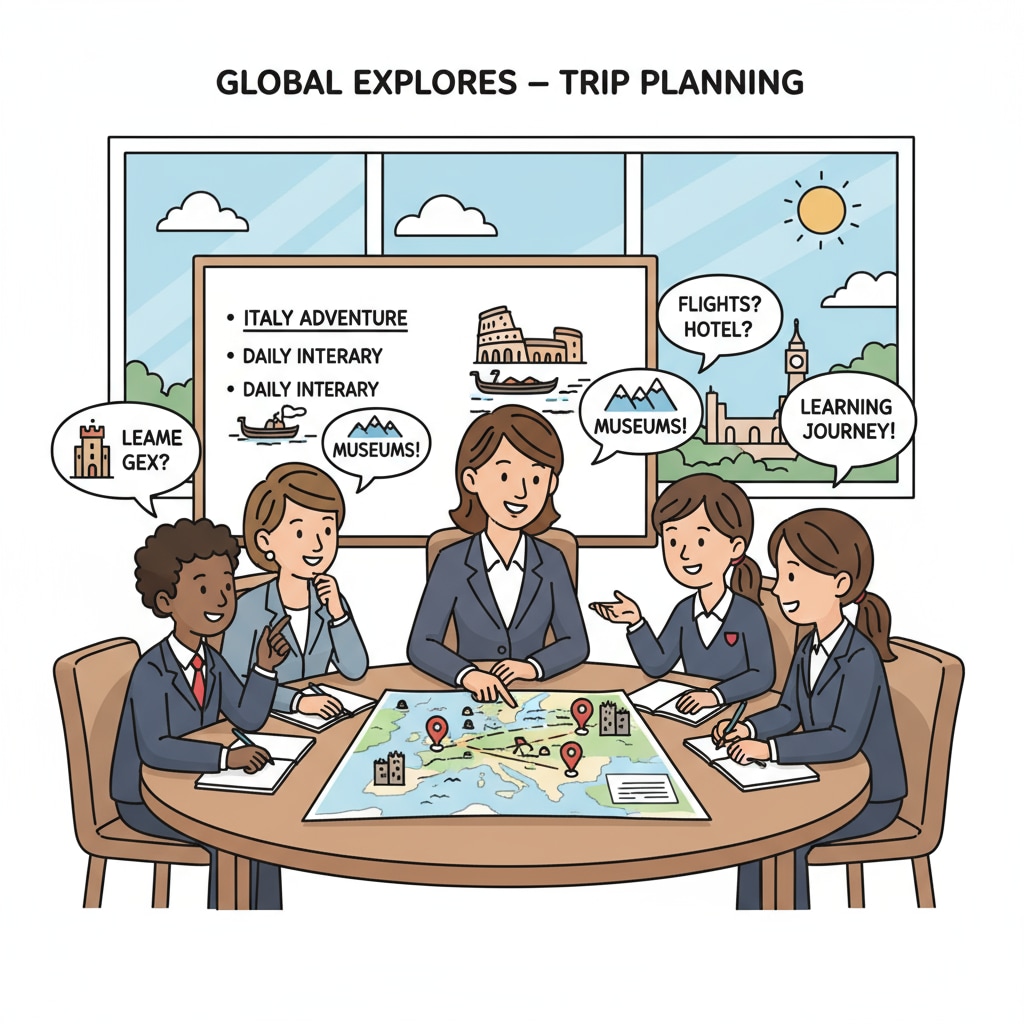 A travel company representative interacting with student group for overseas travel