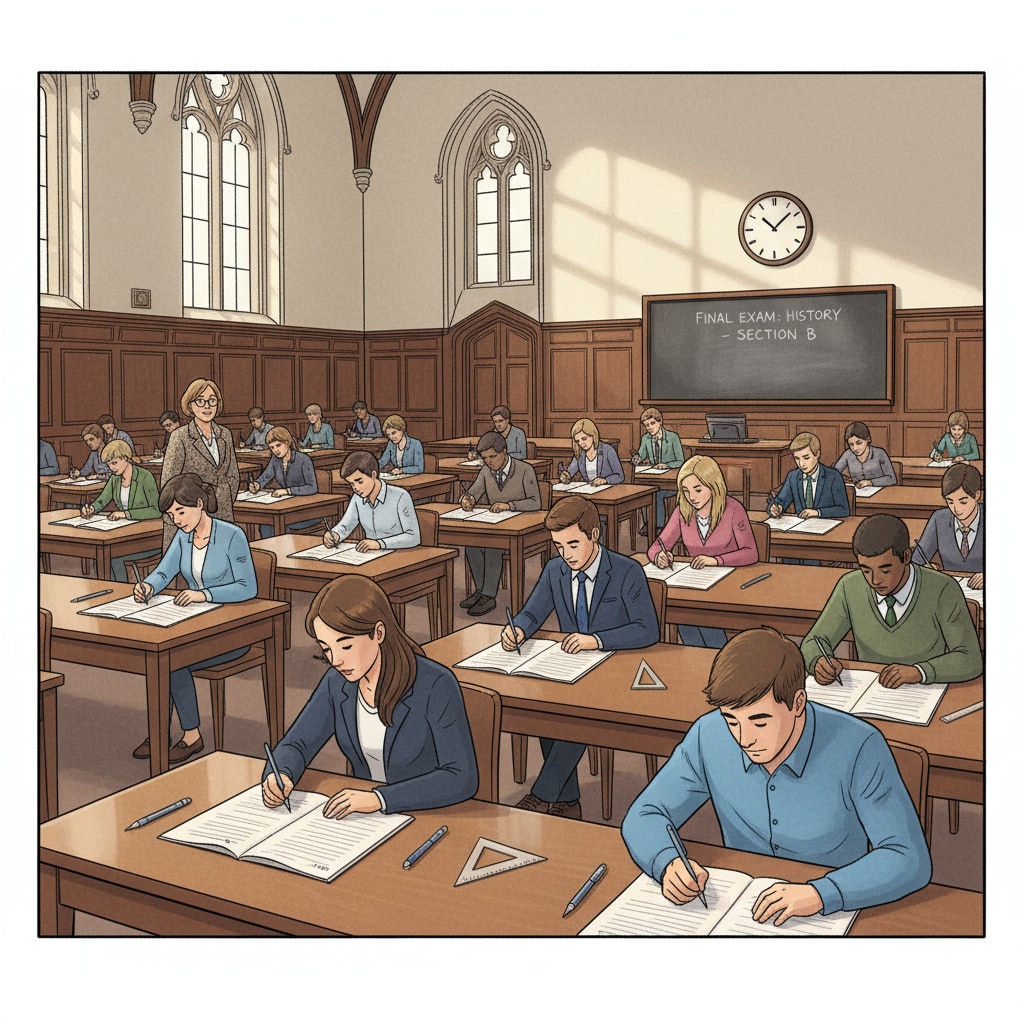 Students taking exam in UK school for education system, curriculum reform, and student assessment methods