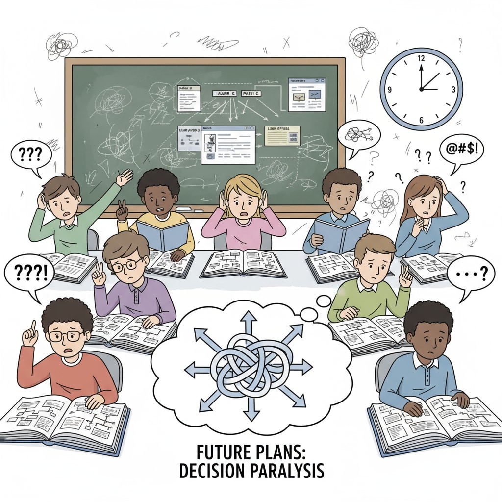 Students making educational choices under social pressure and confusion about life goals.