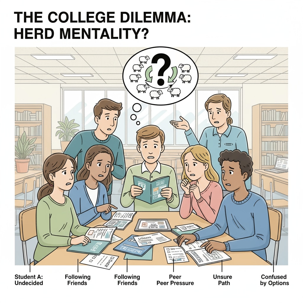 Students discussing college choices influenced by herd mentality and unclear about their life goals.