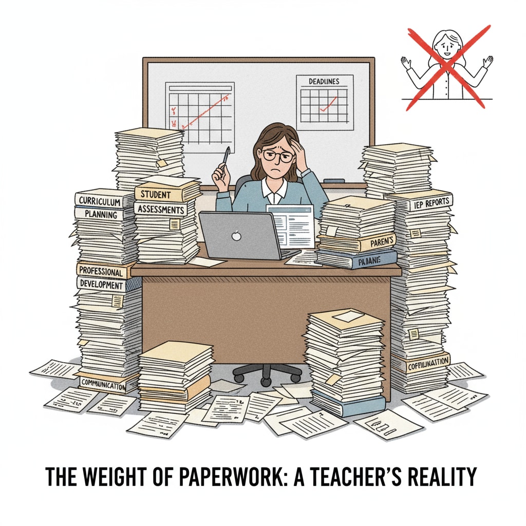 A stressed teacher surrounded by teaching documentation, highlighting the issue of micro - management and its impact on professional autonomy.
