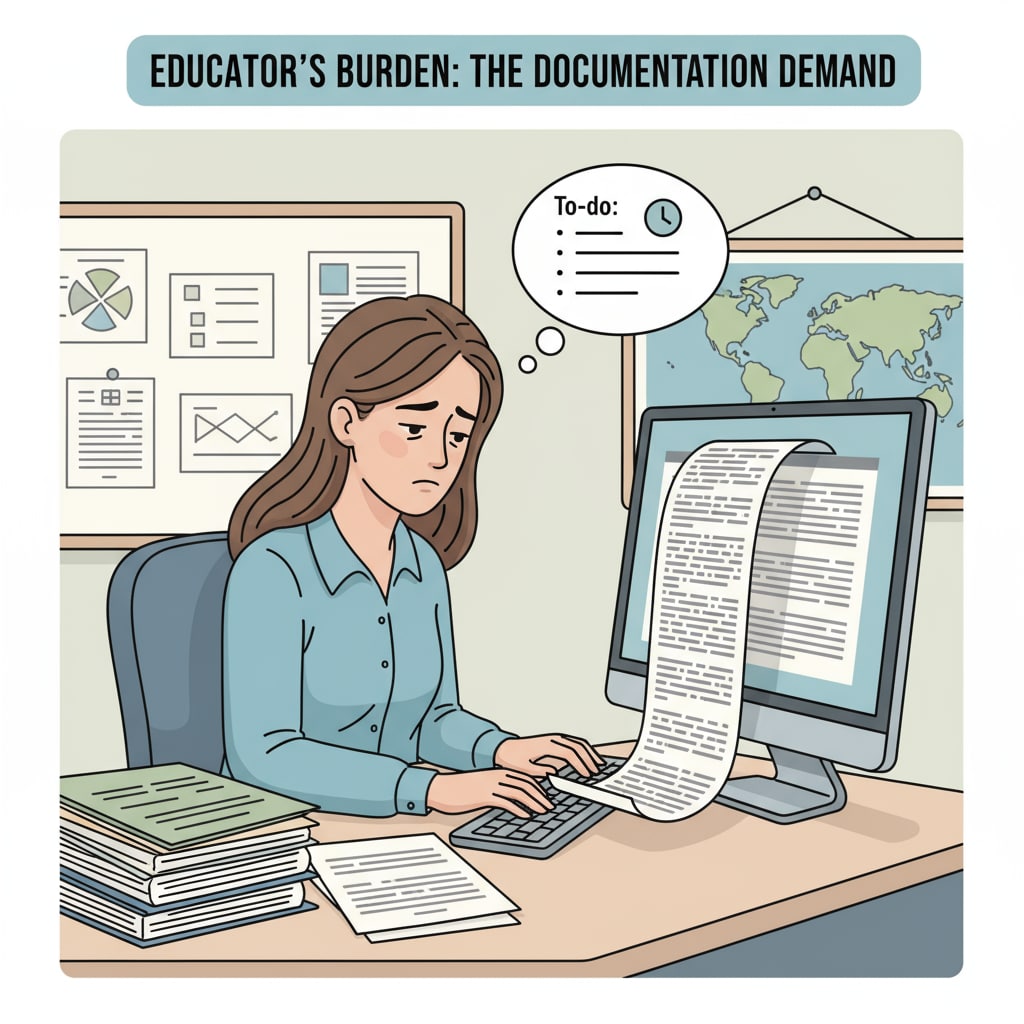 A tired teacher typing a teaching document, showing how teaching documentation restricts professional autonomy.