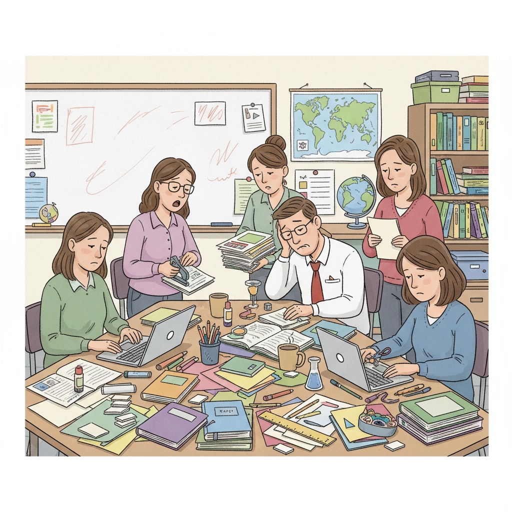 K12 teachers suffering from overload and burnout while preparing teaching materials.