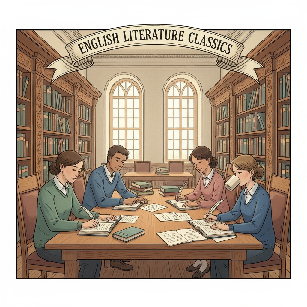 Students studying English literature in a library for master's degree, practicing stress management.