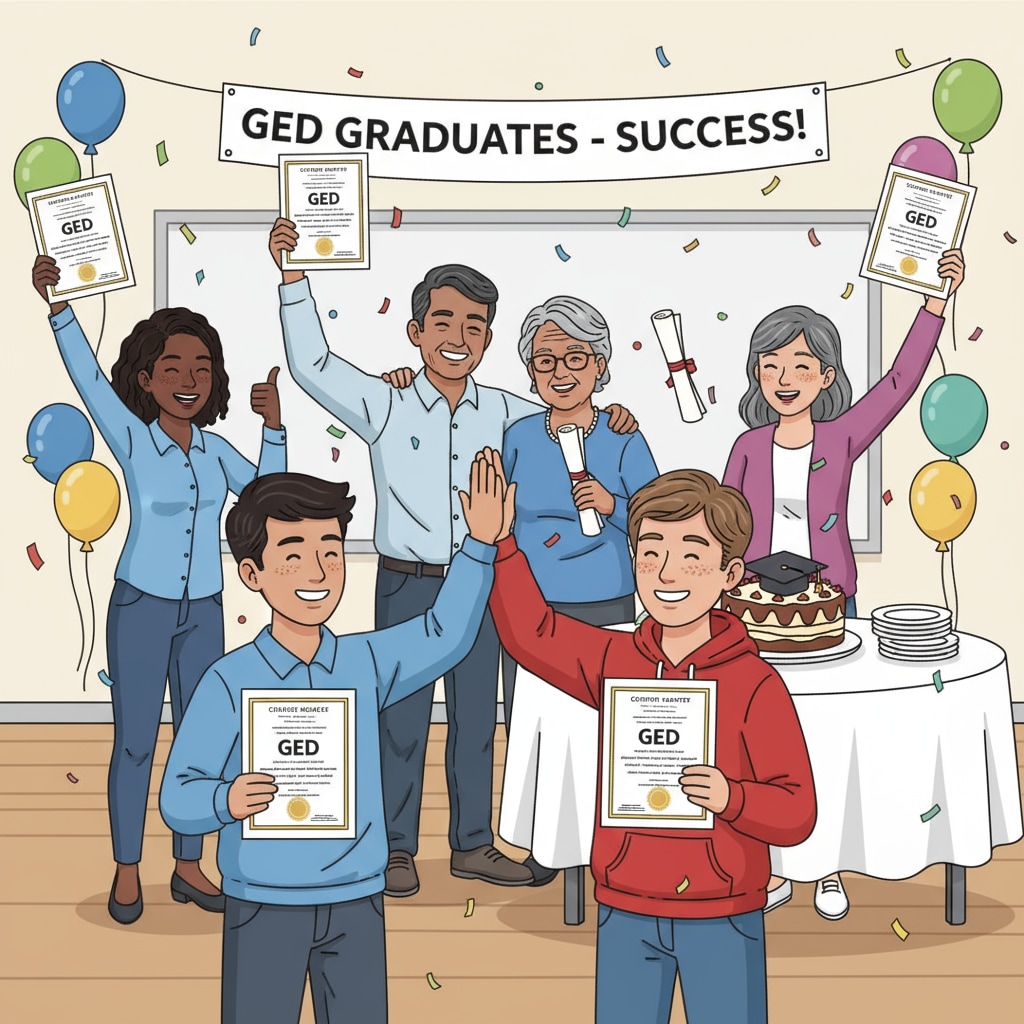 A group celebrating their GED certificates in the context of mental health and modeling dreams