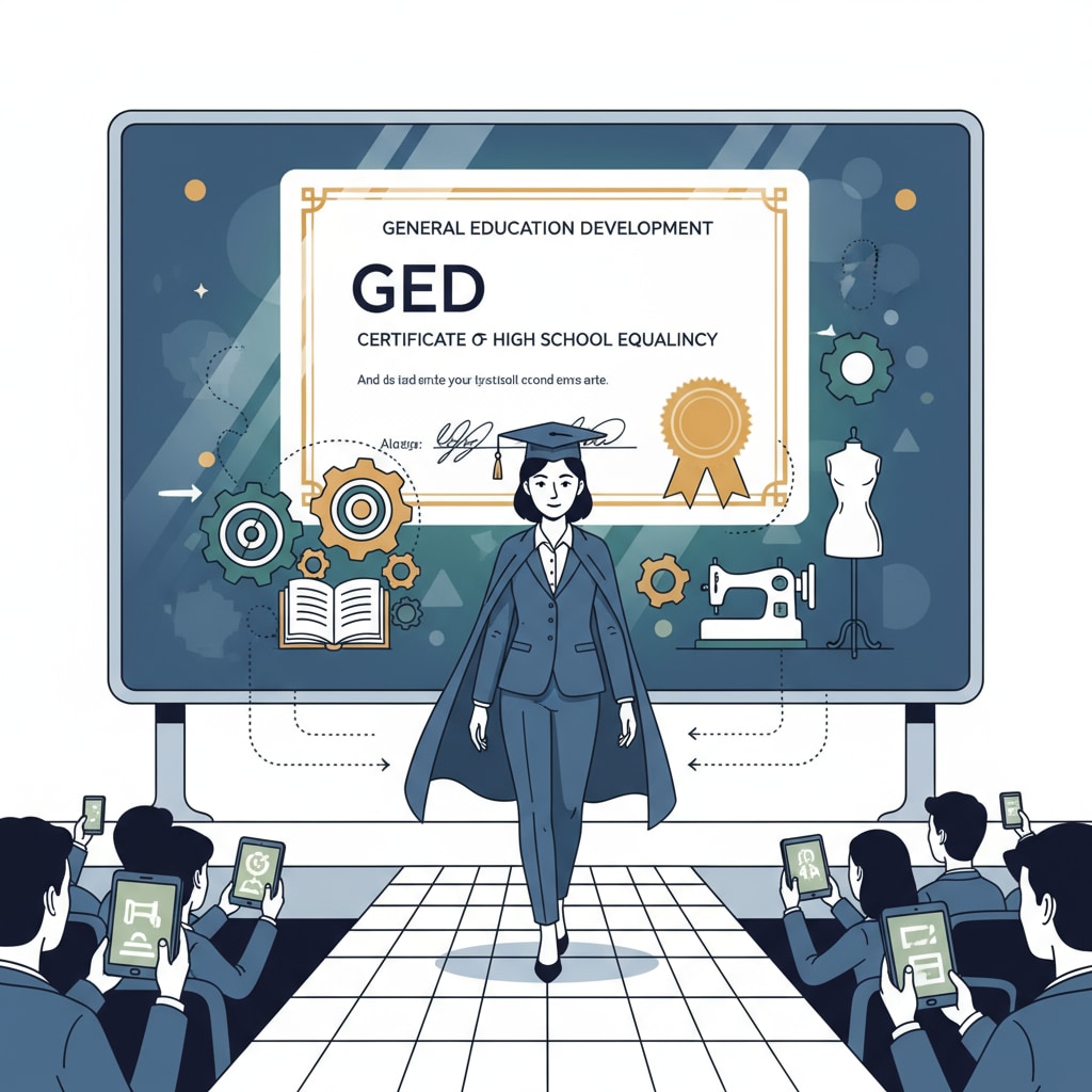 A model achieving success on the runway with a GED certificate in the background